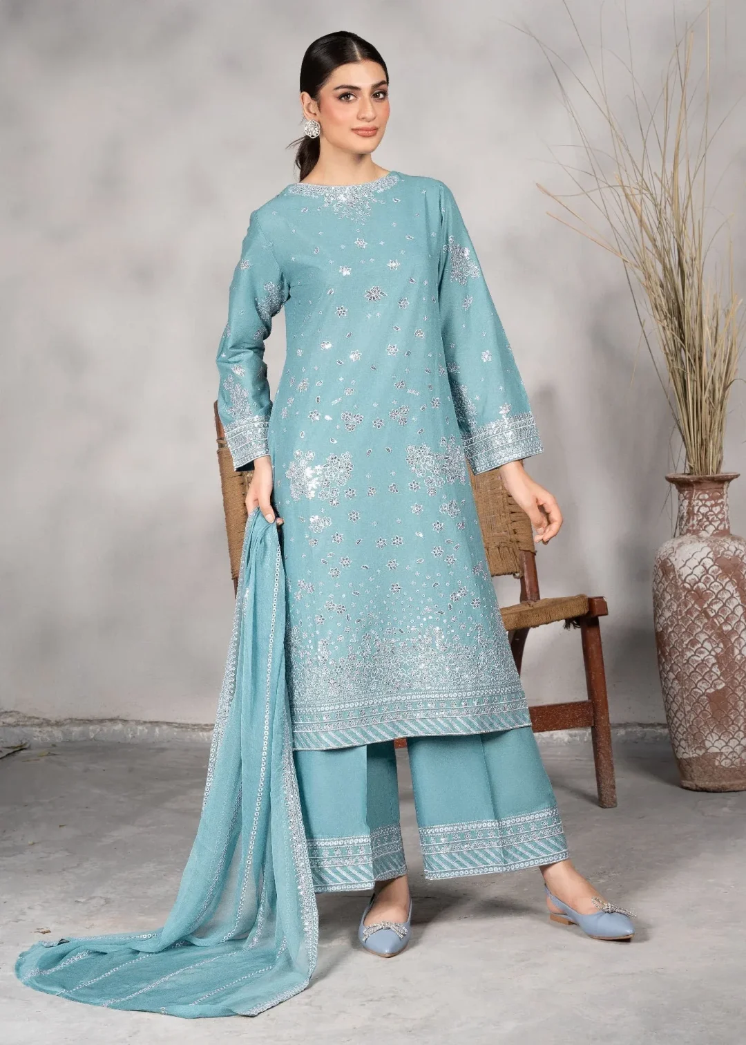 Lawn Kurta Set in Powder blue by Sahibas By Mirza